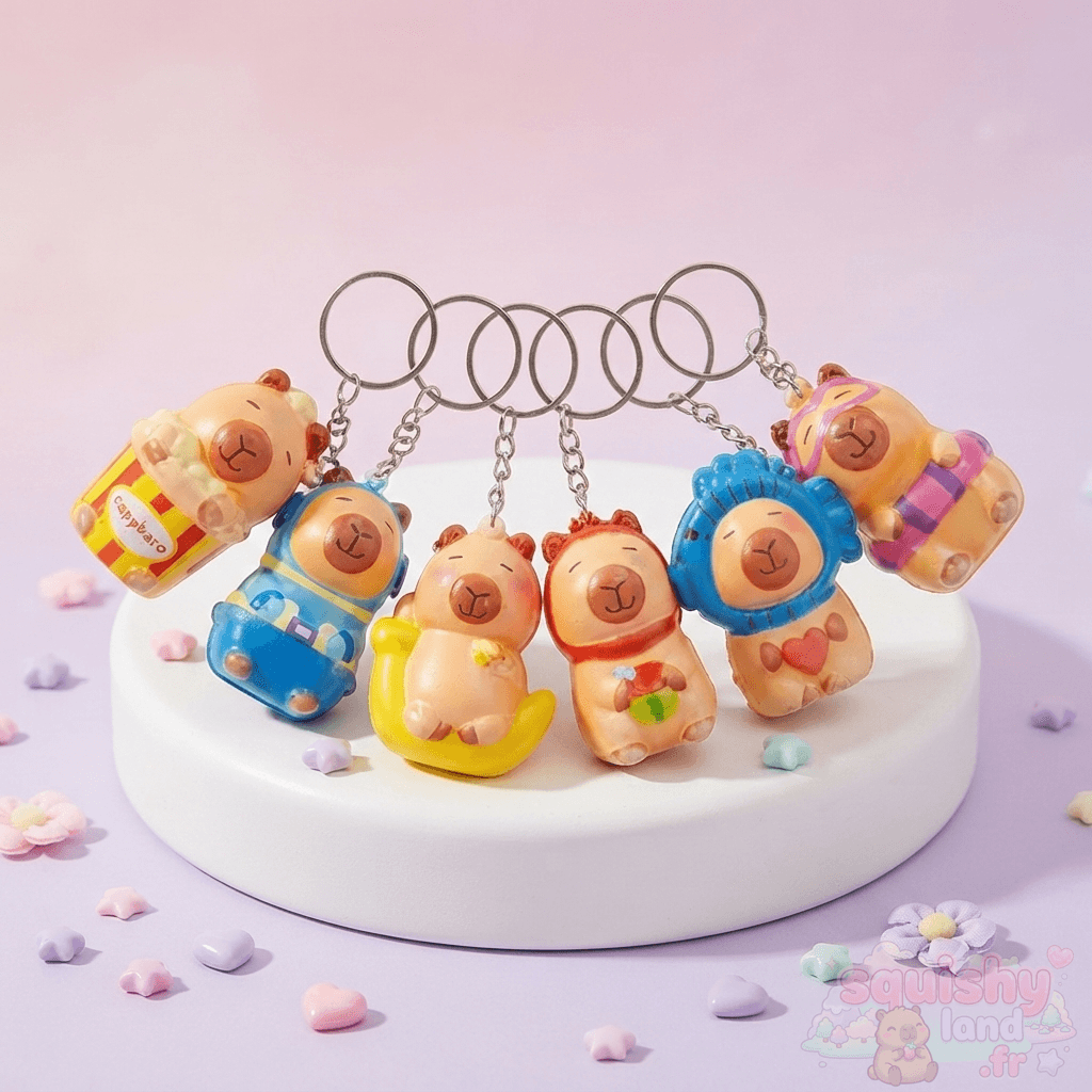 Squishy Capybara Porte-clé Kawaii – 6 Modèles Mignons Six porte-clés squishy capybara déguisés sur un présentoir blanc