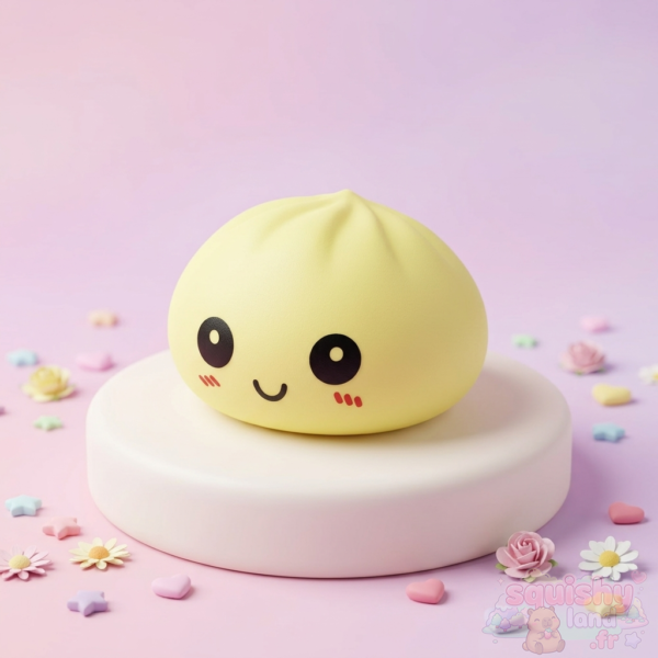 Squishy dumpling jaune au visage kawaii sur un présentoir