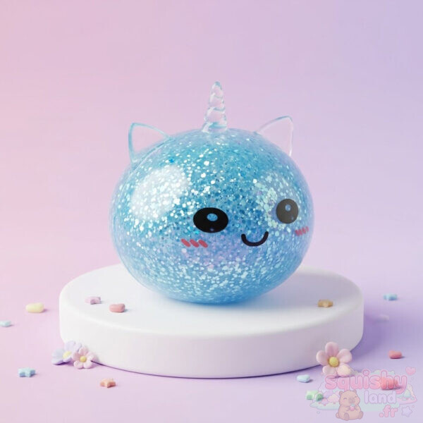 Squishy dumpling licorne pailleté bleu avec sa corne