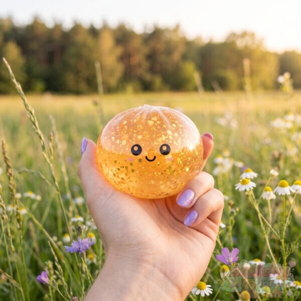 Squishy dumpling pailleté orange au visage kawaii