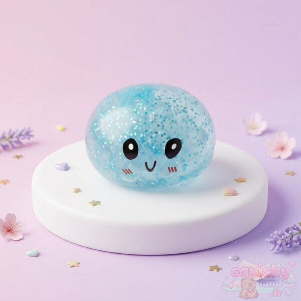 Mini squishy dumpling pailleté bleu au visage kawaii