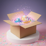 Squishy mystery box ouverte laissant apparaître des squishies kawaii dans du papier pastel