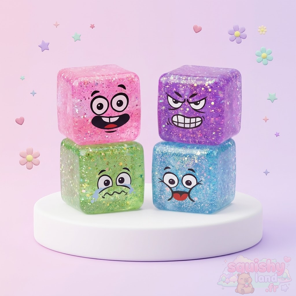 Squishy Cube Smiley Pailleté 6 cm – Fidget Anti-Stress squishy cube glitter moods studio png
