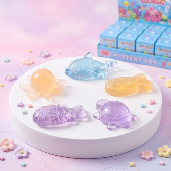Blind Box Squishy Animaux Marins Pailletés 9 cm : dauphin, pieuvre, tortue, poisson et homard en gel pailleté devant le présentoir Mystery Box