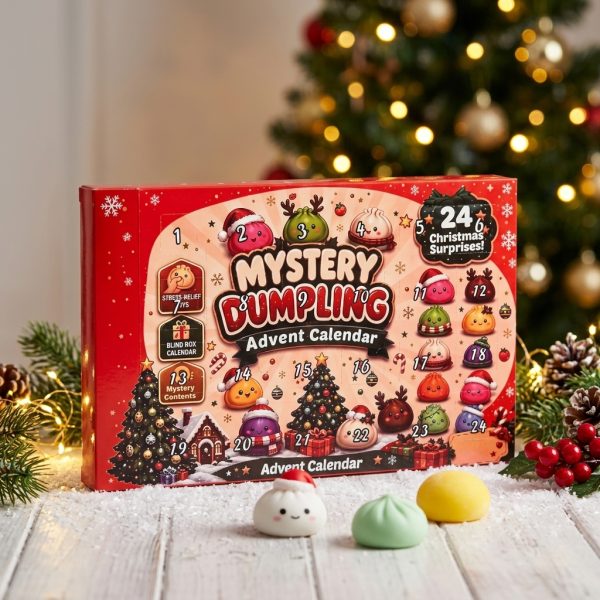 Calendrier de l'Avent Squishy Noël 2026 avec 24 surprises et fenêtres numérotées sur table de fête