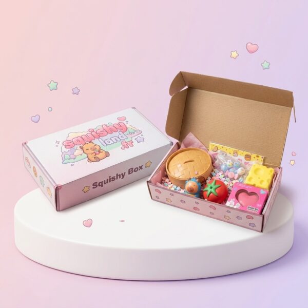 Coffret Cadeau Squishy Box Kawaii officiel Squishy Land fermé et ouvert avec confettis et squishies
