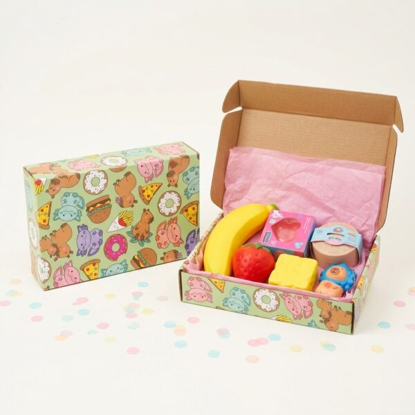 Coffret Cadeau Squishy Box Maxi Boîte Doodles Kawaii verte fermée et ouverte avec 6 squishies réels slow-rising et confettis