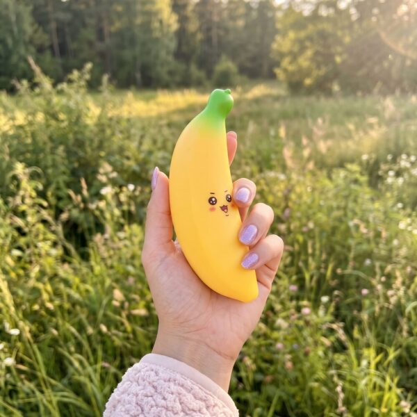 Squishy banane kawaii élastique 13 cm à visage souriant tenu dans la main