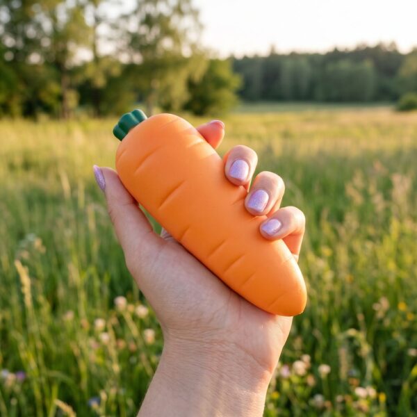 Squishy carotte slow rising XL 14 cm orange tenue dans la main