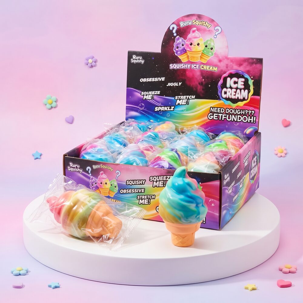 Squishy Cornet de Glace Rainbow (10 cm) – Coloris Surprise Présentoir de squishy cornets de glace rainbow 10 cm, coloris variés