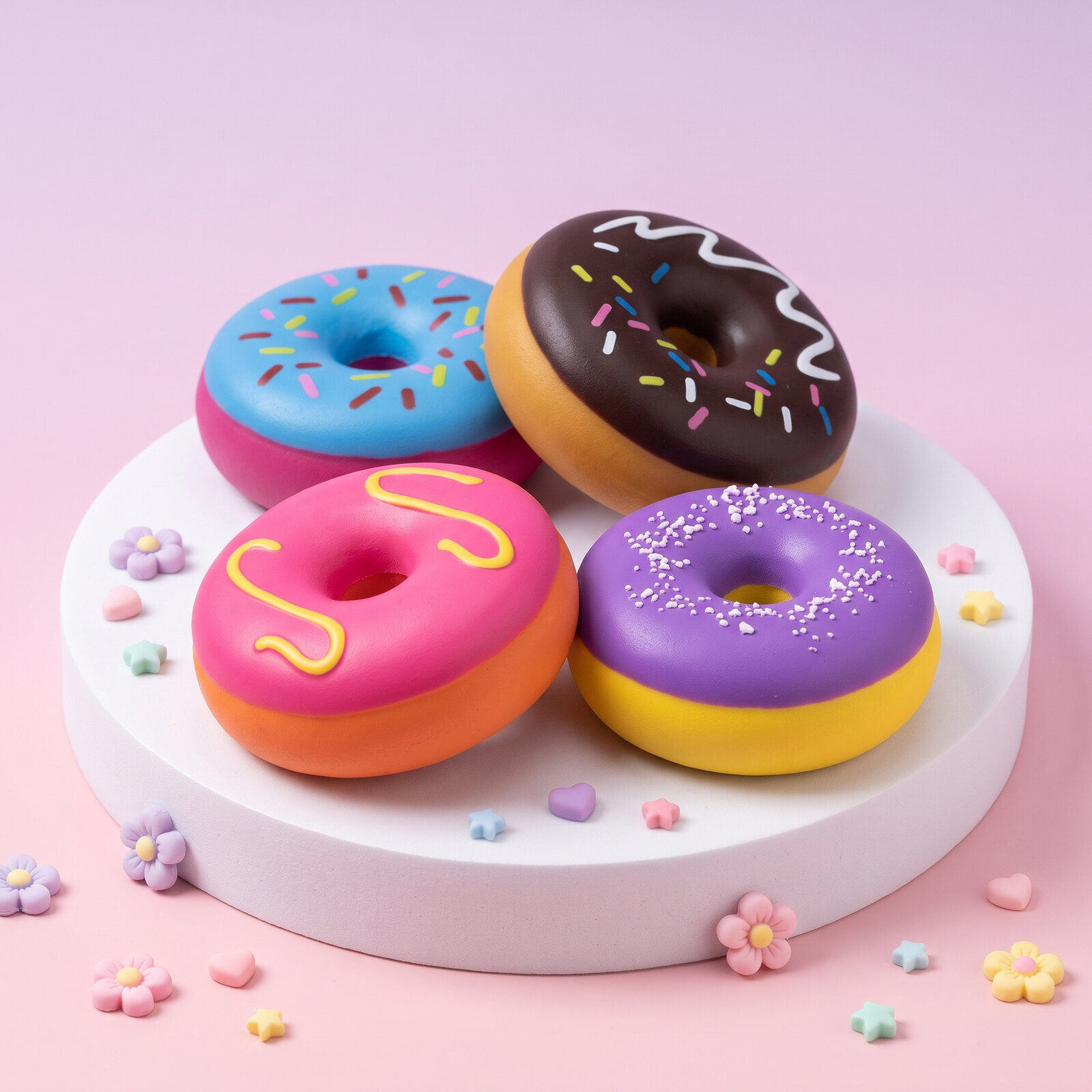 Squishy Donut Squeeze Anti-Stress 8 cm – Modèle Surprise Aléatoire Les 4 glaçages du squishy donut squeeze 8 cm : bleu lagon à vermicelles, chocolat filet blanc, rose fraise coulis jaune et violet myrtille sucre givré