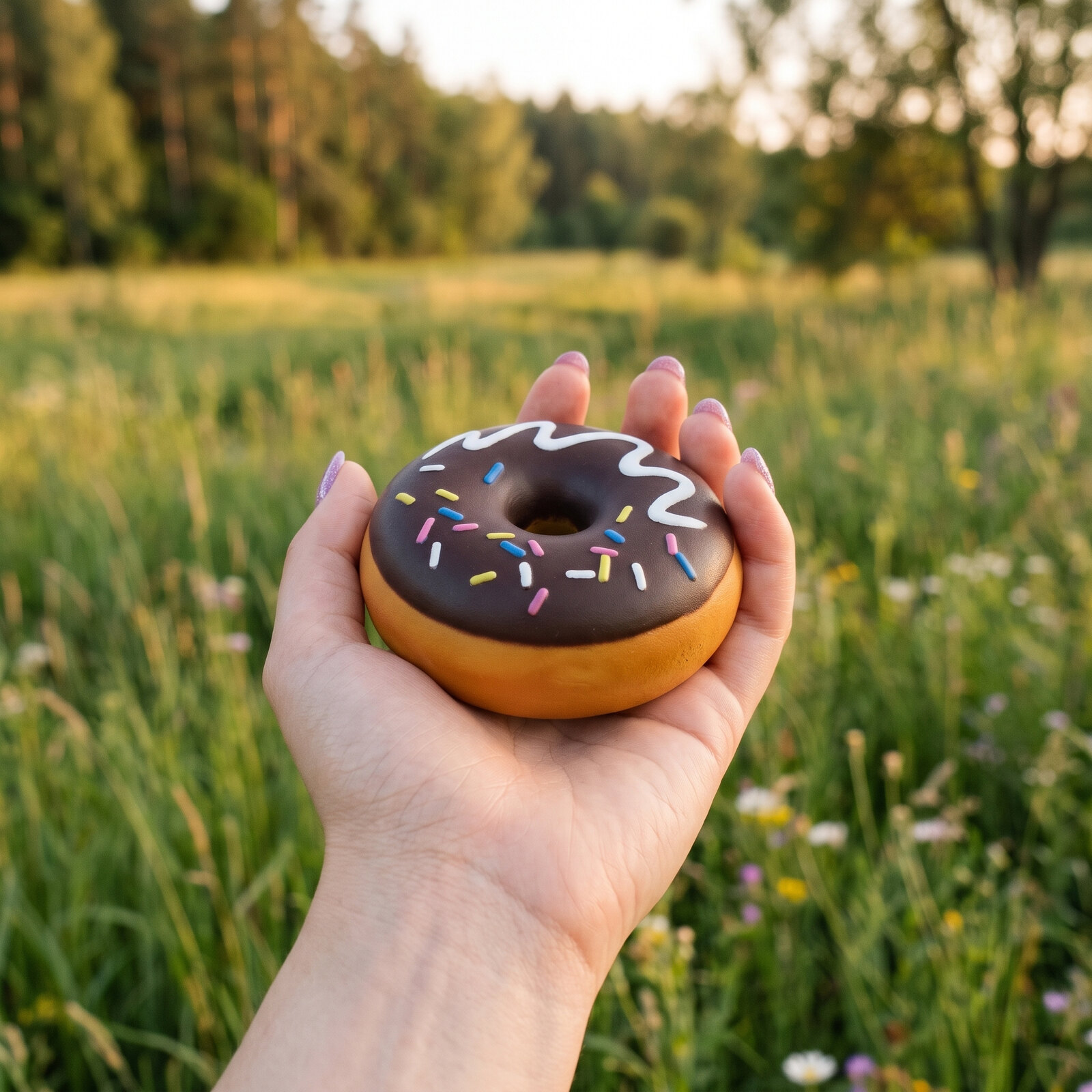 Squishy Donut Squeeze Anti-Stress 8 cm – Modèle Surprise Aléatoire Squishy donut squeeze 8 cm glaçage chocolat intense, filet blanc en zigzag et vermicelles multicolores sur base biscuitée dorée