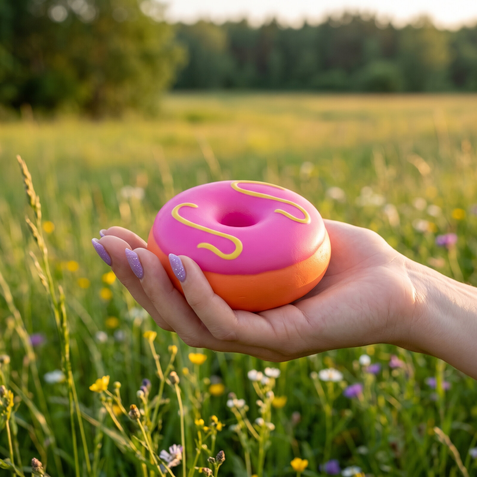 Squishy Donut Squeeze Anti-Stress 8 cm – Modèle Surprise Aléatoire Squishy donut squeeze 8 cm glaçage rose fraise avec coulis jaune en zigzag sur base orangée