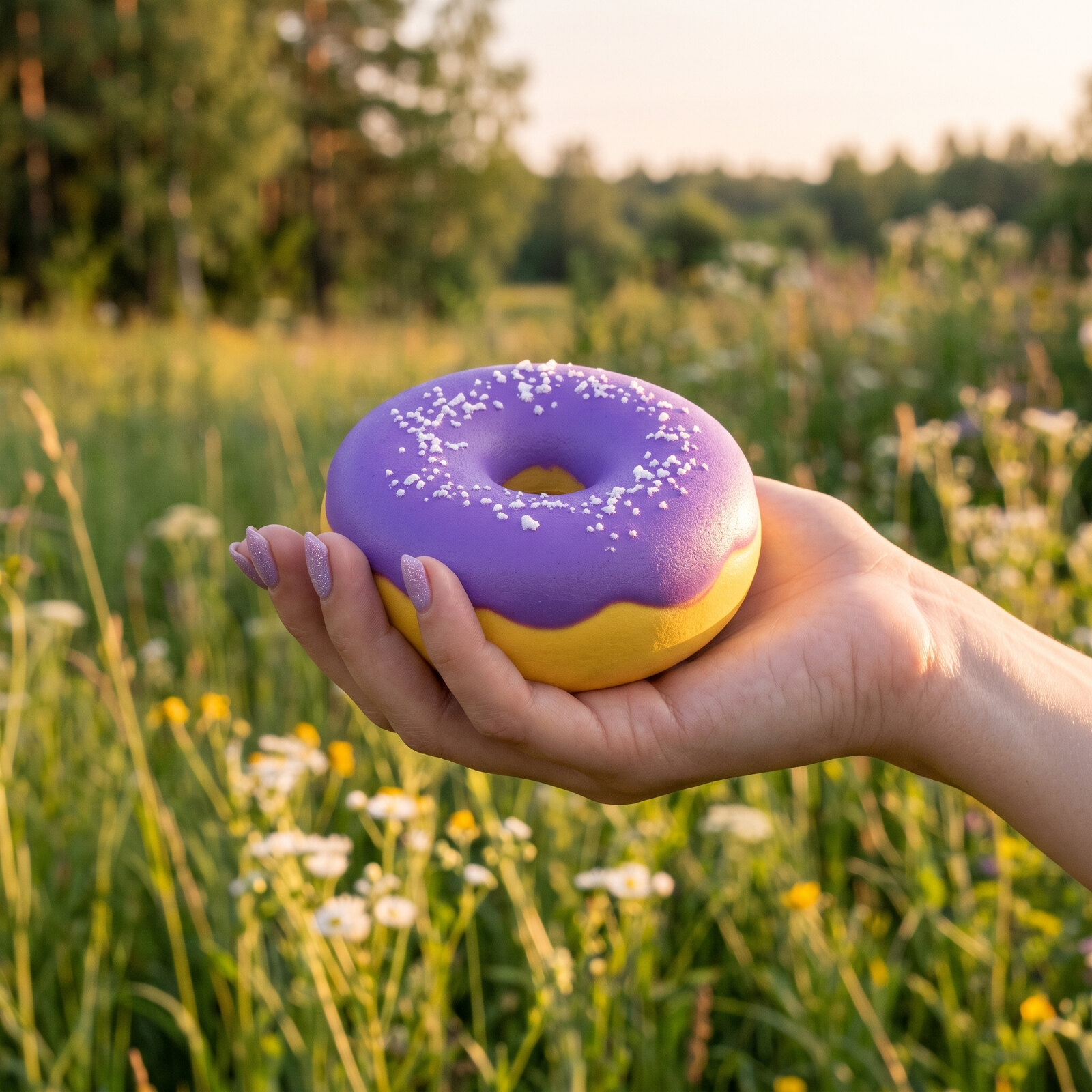 Squishy Donut Squeeze Anti-Stress 8 cm – Modèle Surprise Aléatoire Squishy donut squeeze 8 cm glaçage violet myrtille saupoudré de sucre givré blanc sur base jaune
