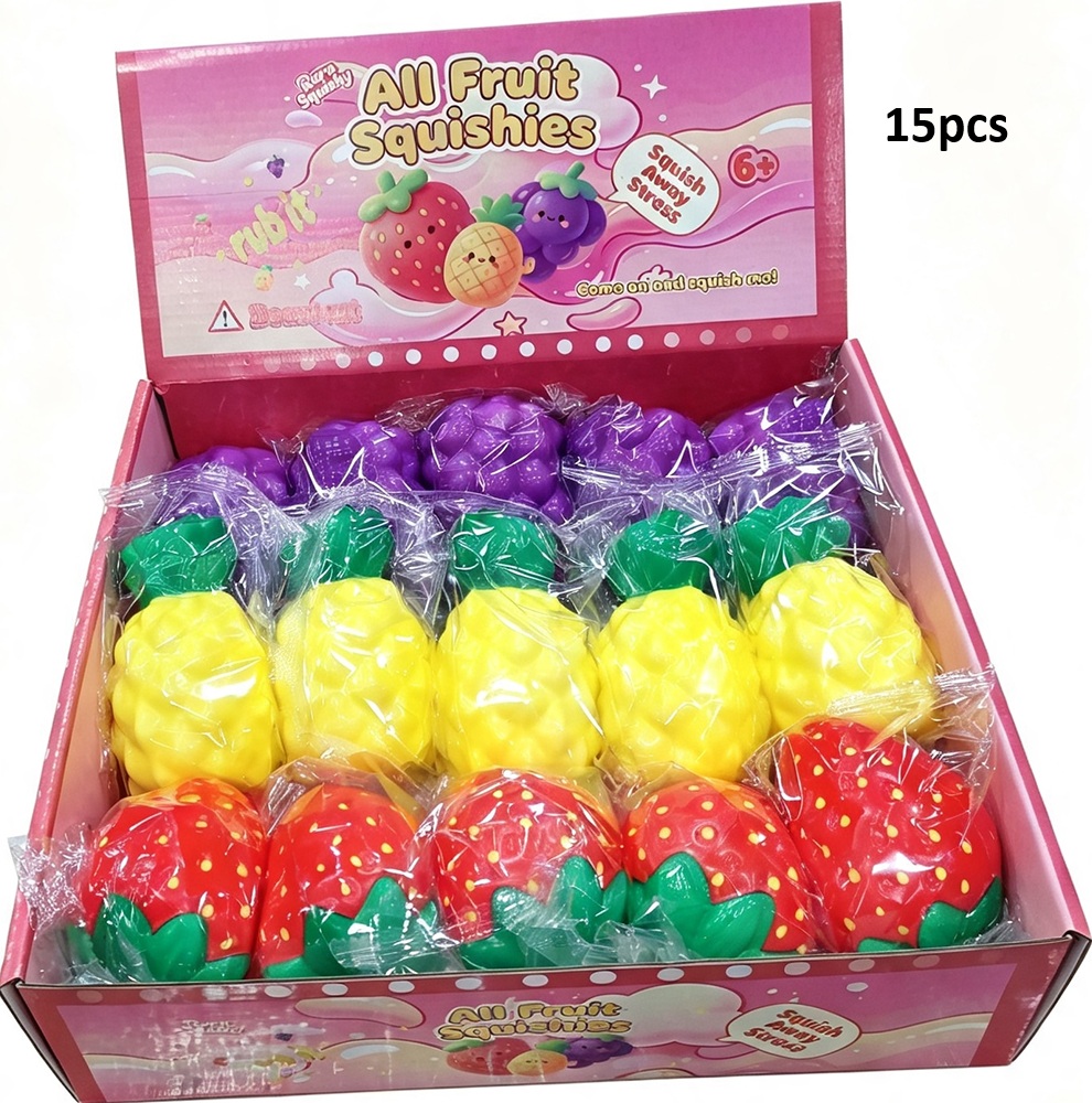 Squishy Fruits Vitaminés Kawaii (7-8 cm) – Fraise, Ananas & Raisin Squishy Fruit Vitaminé Kawaii (6-8 cm) – Fraise, Banane, Pastèque & Pêche