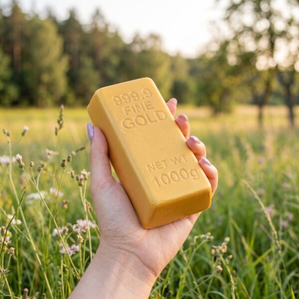 Squishy Lingot d'Or 1000g Gold Bar 13 cm 999.9 Fine Gold tenu dans la main en extérieur