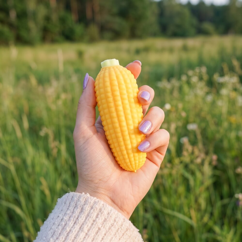 Squishy Maïs Craquant – Épi Crunchy ASMR Squishy maïs craquant en épi jaune tenu dans la main