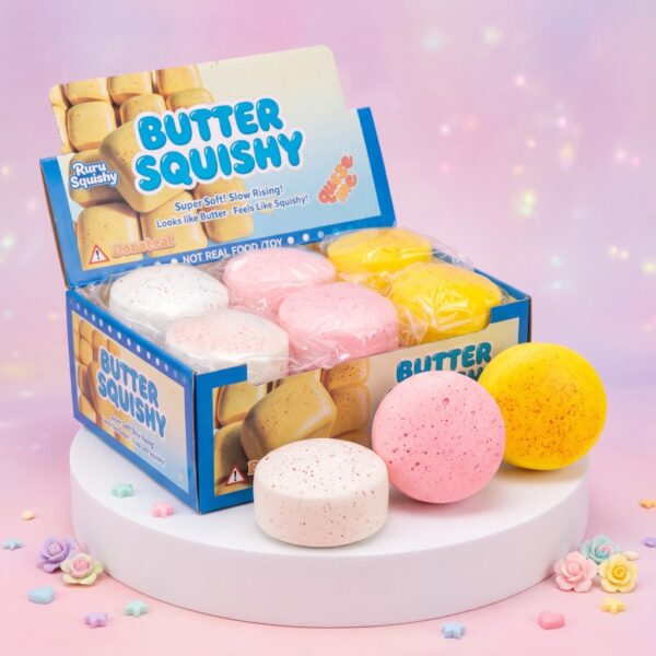 Lot de Squishy Motte de Beurre Ronde Kawaii 10 cm en boîte présentoir - Blanc crème, rose bonbon et jaune beurre
