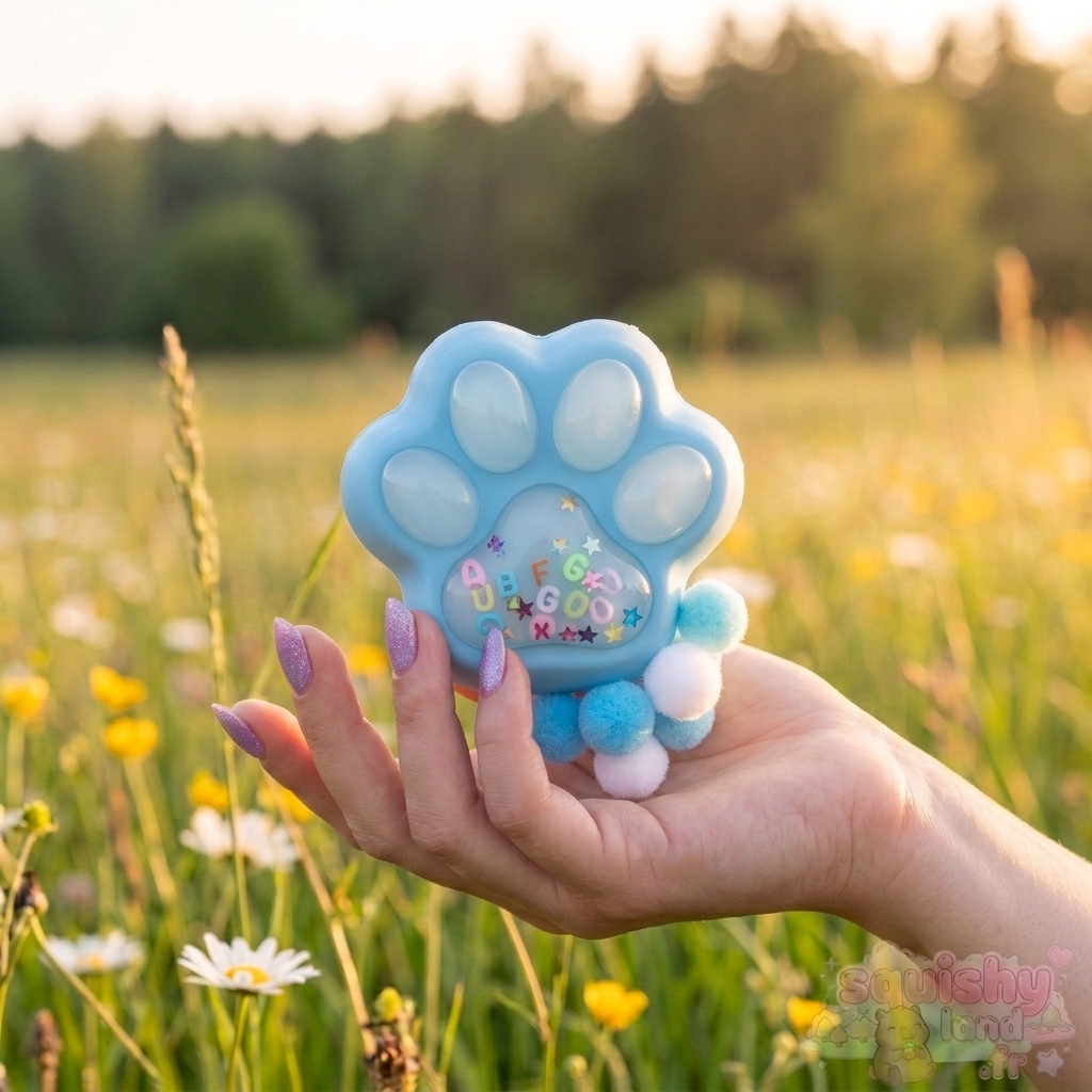 Squishy Patte de Chat Pastel Perles & Pompons (7 cm) – Coussinet Silicone Squishy Patte de Chat Pastel Bleu 7 cm