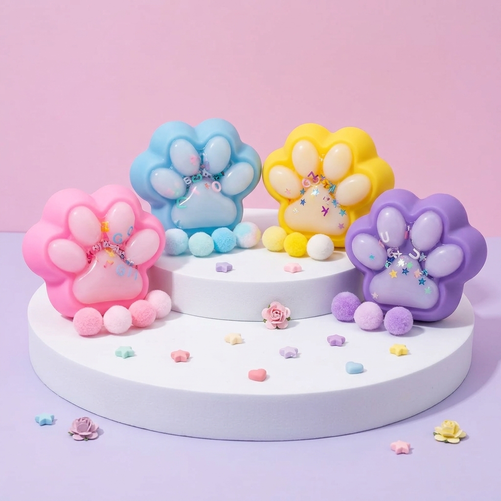 Squishy Patte de Chat Pastel Perles & Pompons (7 cm) – Coussinet Silicone Squishy Patte de Chat Pastel Perles et Pompons 4 Modèles Kawaii