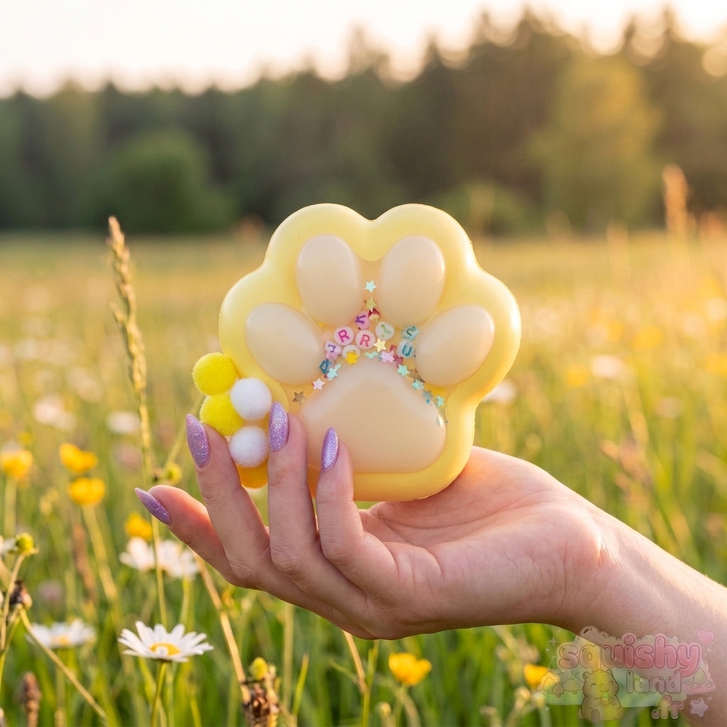 Squishy Patte de Chat Pastel Perles & Pompons (7 cm) – Coussinet Silicone Squishy Patte de Chat Pastel Jaune 7 cm