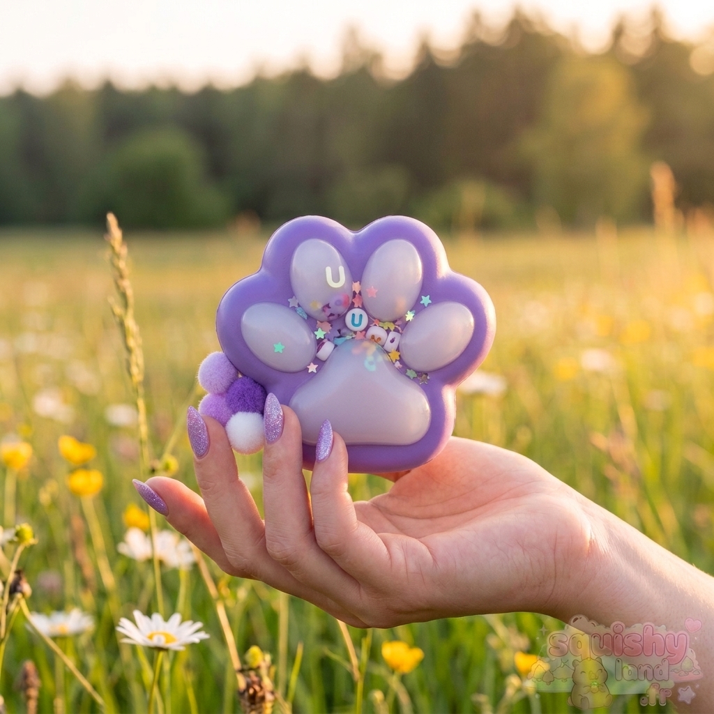 Squishy Patte de Chat Pastel Perles & Pompons (7 cm) – Coussinet Silicone Squishy Patte de Chat Pastel Violet 7 cm