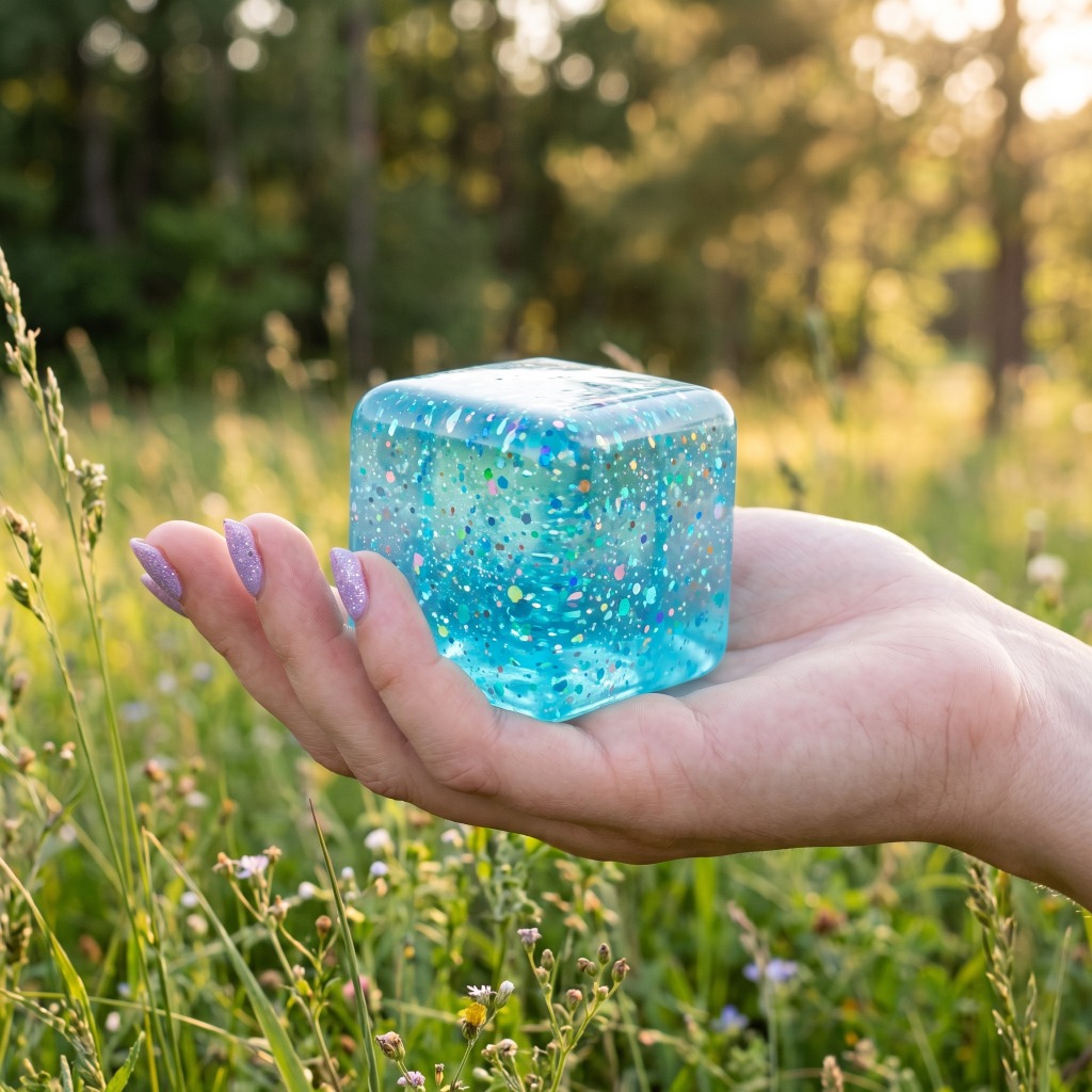 Sugar Squishy Cube Glitter Pailleté 6 cm – Fidget Cristal Anti-Stress Sugar Squishy Cube Glitter 6 cm Bleu Cyan Scintillant tenu dans la main en extérieur