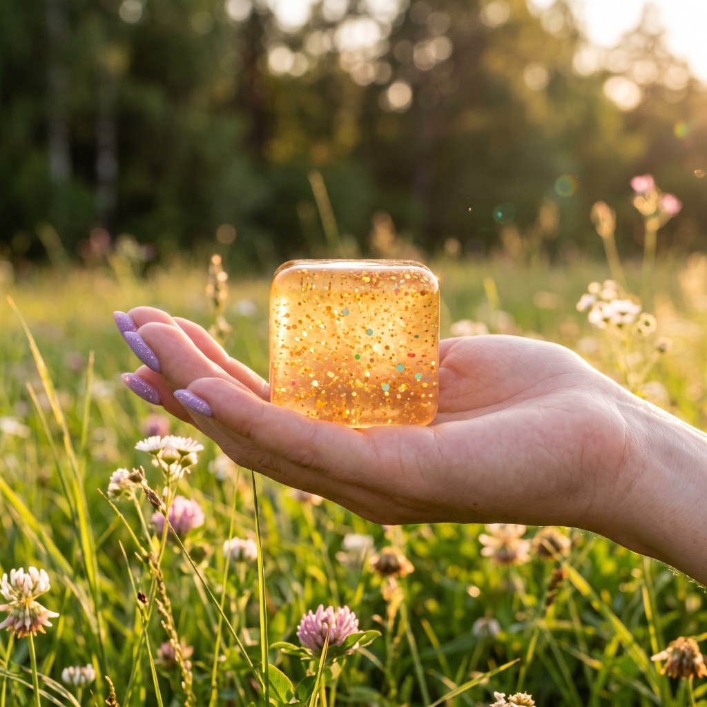 Sugar Squishy Cube Glitter Pailleté 6 cm – Fidget Cristal Anti-Stress Sugar Squishy Cube Glitter 6 cm Jaune Doré Solaire tenu dans la main en extérieur