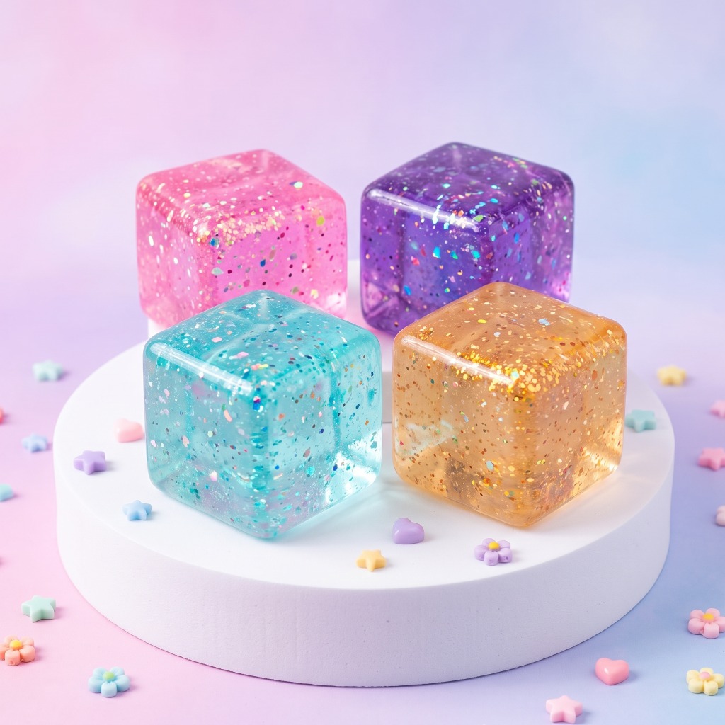 Sugar Squishy Cube Glitter Pailleté 6 cm – Fidget Cristal Anti-Stress Lot de Sugar Squishy Cube Glitter Pailleté 6 cm - Bleu cyan, rose bonbon, violet améthyste et jaune doré