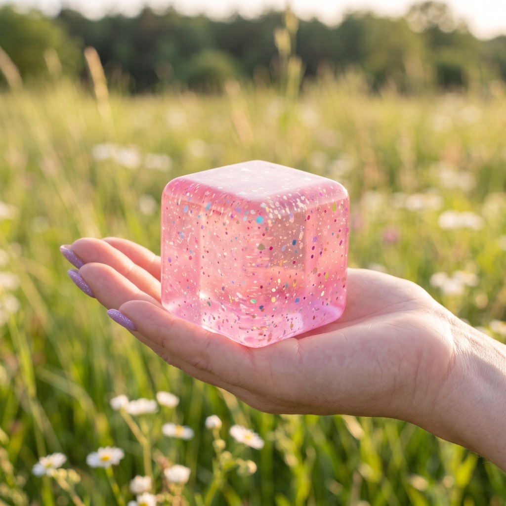 Sugar Squishy Cube Glitter Pailleté 6 cm – Fidget Cristal Anti-Stress Sugar Squishy Cube Glitter 6 cm Rose Bonbon Nacré tenu dans la main en extérieur