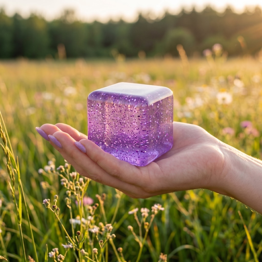 Sugar Squishy Cube Glitter Pailleté 6 cm – Fidget Cristal Anti-Stress Sugar Squishy Cube Glitter 6 cm Violet Améthyste Glitter tenu dans la main en extérieur